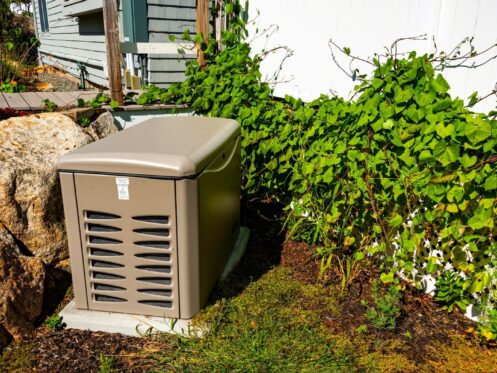 Standby generator outside of a home between a decorative rock and a climbing plant