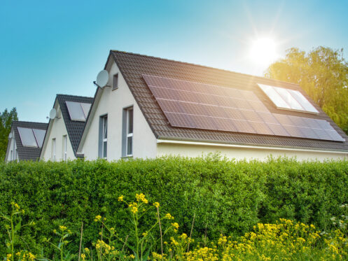 Solar panels on the roof of the modern family houses